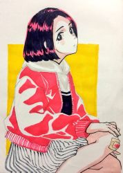 Rule 34 | 1girl, bandaid, black eyes, brown hair, commentary, expressionless, highres, hood, hood down, jacket, long sleeves, looking at viewer, nanase774938, original, red jacket, short hair, sitting, skirt, solo, striped clothes, striped skirt, traditional media
