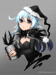 Rule 34 | 10s, 1girl, blue eyes, blue hair, breasts, christmas, cleavage, gift, hat, hibiki (kancolle), kantai collection, ko-on (ningen zoo), long hair, long sleeves, matching hair/eyes, open mouth, santa hat, small breasts, solo, striped, twitter username