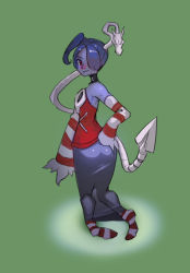 Rule 34 | 1girl, bare shoulders, blue hair, blue skin, colored skin, detached collar, detached sleeves, from behind, full body, hair over one eye, hand on own ass, highres, hong doo, leviathan (skullgirls), long hair, long skirt, no shoes, red eyes, side ponytail, skirt, skull, skullgirls, socks, solo, squigly (skullgirls), stitched mouth, stitches, striped clothes, striped sleeves, striped socks, zombie