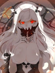 Rule 34 | 10s, 1girl, abyssal ship, bad id, bad pixiv id, breasts, cleavage, colored skin, commentary request, covered mouth, dress, eyelashes, female focus, glowing, glowing eyes, hands on own chest, horns, kantai collection, large breasts, long hair, looking at viewer, midway princess, pale skin, red eyes, shadow, solo, upper body, uwipi, white dress, white hair, white skin