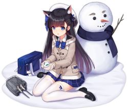 Rule 34 | 1girl, :d, allenes, alternate costume, animal ear fluff, animal ears, azur lane, bag, bag charm, black footwear, blue bow, blue eyes, blue skirt, blush, bow, brown hair, brown jacket, brown mittens, cannon, cat ears, charm (object), closed mouth, collared shirt, full body, hatsuharu (azur lane), hatsuharu (snow day hatsuharu) (azur lane), headset, holding, jacket, loafers, long hair, long sleeves, looking at viewer, mittens, official art, open mouth, parted lips, pleated skirt, school bag, shirt, shoes, sitting, skirt, smile, snow, snow rabbit, snowman, solo, thighhighs, transparent background, turret, very long hair, wariza, white shirt, white thighhighs