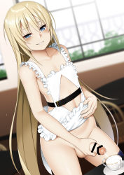 Rule 34 | 1boy, absurdres, apron, apron lift, bar censor, blonde hair, blue eyes, blush, censored, clothes lift, commission, cum, cum in container, cum in cup, cup, ejaculation, hair between eyes, highres, kamata yuuya, long hair, looking at viewer, male masturbation, masturbation, naked apron, penis, pixiv commission, smile, solo, teacup, testicles, trap