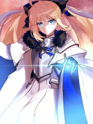 Rule 34 | 1girl, 710 ao, absurdres, ahoge, armor, black bow, black gloves, blonde hair, blue eyes, blue ribbon, blurry, bow, breastplate, capelet, cowboy shot, depth of field, dress, fate/grand order, fate (series), fur-trimmed capelet, fur trim, gloves, hair bow, highres, long hair, long sleeves, looking at viewer, magic, ponytail, ribbon, serious, solo, spiked armor, striped ribbon, aesc (fate), two-tone sleeves, white capelet, white dress, wide sleeves