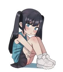 Rule 34 | 1girl, bare arms, bare legs, bare shoulders, black hair, black skirt, blue shirt, blush, blush stickers, child, closed mouth, female focus, from side, full body, highres, hugging own legs, knees up, long hair, looking at viewer, nose, original, pleated skirt, qtkat, shirt, shoes, sidelocks, simple background, sitting, skirt, sleeveless, sleeveless shirt, socks, solo, tareme, thighs, twintails, white background, white footwear, white socks