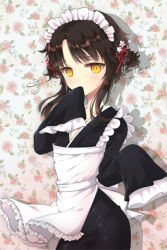 Rule 34 | 1girl, alternate costume, apron, bittersweet (dalcoms), blush, brown hair, covering own mouth, enmaided, flower, hands in opposite sleeves, japanese clothes, kimono, lolita fashion, lowres, maid, maid apron, maid headdress, mole, short hair, sita vilosa, sleeves past wrists, solo, sword girls, wa lolita, wa maid, yellow eyes