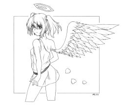 Rule 34 | 1girl, angel, angel wings, ass, border, border break, cowboy shot, cropped legs, detached wings, from behind, graphite (medium), greyscale, halo, harumachi nagaaki, heart, looking back, monochrome, no bra, no panties, see-through, simple background, single wing, solo, traditional media, twintails, wings
