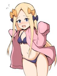 Rule 34 | 1girl, abigail williams (fate), absurdres, bikini, black bikini, black bow, blonde hair, blue eyes, blush, bow, breasts, commentary request, fate/grand order, fate (series), flying sweatdrops, forehead, front-tie bikini top, front-tie top, gluteal fold, groin, hair bow, halterneck, hands up, highres, hood, hood down, hooded jacket, jacket, long hair, long sleeves, mitchi, navel, nose blush, open clothes, open jacket, open mouth, orange bow, parted bangs, pink jacket, simple background, sleeves past fingers, sleeves past wrists, small breasts, solo, swimsuit, thigh gap, very long hair, wavy mouth, white background