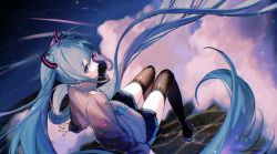 Rule 34 | 1girl, above clouds, absurdly long hair, aqua eyes, aqua hair, black skirt, black thighhighs, blue eyes, blue hair, chinese commentary, cloud, commentary, commentary request, english commentary, floating, floating hair, from above, grey shirt, hair ornament, hatsune miku, long hair, looking at viewer, looking back, meltyland nightmare, miniskirt, mixed-language commentary, night, night sky, number print, pleated skirt, rumoon, shirt, sitting, skirt, sky, solo, star (sky), thighhighs, twintails, very long hair, vocaloid, zettai ryouiki