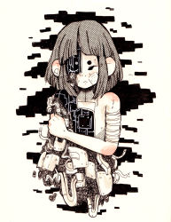 Rule 34 | 1girl, arm wrap, bad id, bad tumblr id, bandaged arm, bandages, bandaid, bandaid on cheek, bandaid on face, bare shoulders, blush, cable, closed mouth, commentary, crisalys, cyborg, female focus, highres, holding own arm, monochrome, original, short eyebrows, short hair, solo, spot color, upper body, white background