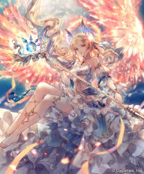 Rule 34 | 1girl, arm cuffs, armlet, barefoot, blonde hair, blue eyes, blue horns, commentary, copyright notice, cygames, dress, earrings, floating, highres, holding, holding staff, horns, jewelry, large wings, layered skirt, long hair, onineko, parted lips, shingeki no bahamut, skirt, staff, very long hair, white dress