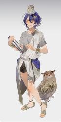 Rule 34 | 1boy, aged down, ancient greek clothes, bird, blue hair, book, closed mouth, dr. ratio (honkai: star rail), full body, greco-roman clothes, hair between eyes, hair ornament, highres, holding, holding book, honkai: star rail, honkai (series), kiwo20000, male focus, owl, sandals, shirt, shorts, simple background, solo