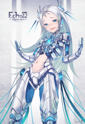 Rule 34 | 1girl, :d, android, blue eyes, commentary, english commentary, hands up, headgear, highres, long hair, looking at viewer, mecha musume, navel, open mouth, original, sawawse, silver hair, smile, solo, standing, standing on one leg