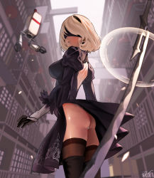 Rule 34 | 1girl, :o, ass, back cutout, blindfold, blonde hair, boots, breasts, building, clothing cutout, from behind, from below, fur trim, gloves, juliet sleeves, long sleeves, looking back, medium breasts, nier (series), nier:automata, outdoors, parted lips, pod (nier:automata), puffy sleeves, short hair, shoulder blades, side slit, solo, standing, thigh boots, thighhighs, 2b (nier:automata), zzing
