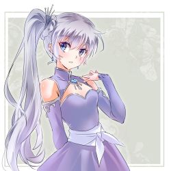 Rule 34 | 1girl, blue eyes, cleavage cutout, clothing cutout, detached sleeves, earrings, highres, iesupa, jewelry, long hair, necklace, pendant, ponytail, rwby, scar, scar across eye, scar on face, side ponytail, solo, tiara, weiss schnee, white hair