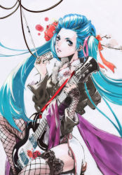 Rule 34 | 1girl, absurdres, aqua eyes, aqua hair, bow, coat, electric guitar, fishnets, guitar, hair bow, hair ornament, hair ribbon, hair slicked back, hatsune miku, highres, instrument, jewelry, lace, lace-trimmed legwear, lace trim, long hair, microphone, painting (medium), renzuoen, ribbon, ring, solo, thighhighs, traditional media, twintails, very long hair, vocaloid, watercolor (medium)