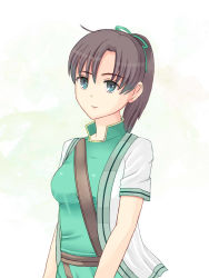 Rule 34 | 1girl, blouse, breasts, brown hair, expressionless, fir (fire emblem), fire emblem, fire emblem: the binding blade, green eyes, hair ribbon, looking at viewer, nintendo, open clothes, open shirt, ponytail, ribbon, ringed eyes, shirt, short sleeves, simple background, solo, white background, white shirt