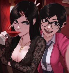 Rule 34 | 2girls, annoyed, arm under breasts, black-framed eyewear, black eyes, black hair, black nails, black necktie, black shirt, blue eyes, body freckles, breasts, bunny ears prank, cardigan, cleavage, cup, dress shirt, drinking, drinking glass, earclip, excited, floral print shirt, freckles, glasses, highres, indoors, jewelry, kadence (veyonis), lace shirt, lace trim, large breasts, long hair, looking at another, medium breasts, multiple girls, necktie, open mouth, original, pink cardigan, ponytail, rosen (veyonis), see-through, selfie, shirt, short hair, straight hair, v, veyonis, white shirt, wide-eyed, wine glass