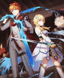 Rule 34 | 1boy, 1girl, :d, absurdres, black gloves, blonde hair, blue eyes, blurry, blurry background, boots, coat, detached sleeves, dress, dual wielding, earrings, energy sword, flower, gauntlets, genshin impact, gloves, grey coat, grey pants, grin, hair flower, hair ornament, highres, hilichurl (genshin impact), holding, holding sword, holding weapon, jewelry, long sleeves, looking at another, looking at viewer, lumine (genshin impact), open mouth, orange hair, pants, smile, sword, tartaglia (genshin impact), teeth, thigh boots, thighhighs, tingyu (490101957), weapon, white dress, white flower, white footwear, white sleeves, yellow eyes