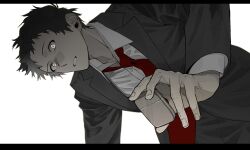 Rule 34 | 1boy, absurdres, adachi tooru, black border, black hair, black jacket, black pants, blazer, border, broken fingernails, dress shirt, empty eyes, formal, from below, frown, glowing, glowing eyes, highres, holding, holding lighter, jacket, leaning forward, letterboxed, lighter, long sleeves, looking at viewer, looking down, loose necktie, male focus, necktie, open clothes, open jacket, pants, parted lips, persona, persona 4, raised eyebrow, red necktie, shirt, short hair, solo, spoilers, suit, upper body, yc157 ar, yellow eyes