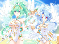 Rule 34 | 2girls, bare shoulders, blanc (neptunia), blue hair, breasts, cleavage, cleavage cutout, clothing cutout, cloud, cloudy sky, commentary request, cowboy shot, day, elbow gloves, energy ball, feathered wings, flower, four goddesses online: cyber dimension neptune, gloves, green hair, green heart (neptunia), hair flower, hair ornament, halo, holding, holding wand, kagura ittou, large breasts, leotard, long hair, looking at viewer, magic circle, multiple girls, multiple wings, neptune (series), open mouth, ponytail, power symbol, power symbol-shaped pupils, purple eyes, red eyes, short hair with long locks, sky, small breasts, symbol-shaped pupils, vert (neptunia), very long hair, wand, white heart (neptunia), white leotard, wings