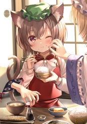 Rule 34 | 3girls, ;t, animal ear fluff, animal ears, blonde hair, blush, bow, bowl, brown hair, cat ears, cat girl, cat tail, chen, chopsticks, closed mouth, commentary request, ear piercing, eating, fish, food, food on face, gap (touhou), green headwear, hair between eyes, hat, highres, holding, holding bowl, holding chopsticks, long sleeves, mob cap, multiple girls, nekomata, out of frame, piercing, red eyes, red skirt, red vest, rice, rice bowl, rice on face, shirt, skirt, soy sauce, tail, tail raised, touhou, vest, white bow, white headwear, white shirt, wide sleeves, yakumo ran, yakumo yukari, yuuka nonoko