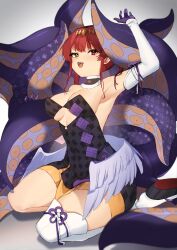 Rule 34 | 1girl, absurdres, black footwear, breasts, cleavage, collar, cosplay, detached collar, detached sleeves, dress, feathered wings, gloves, heterochromia, highres, hololive, hololive english, houshou marine, large breasts, long hair, looking at viewer, low wings, ninomae ina&#039;nis, ninomae ina&#039;nis (1st costume), ninomae ina&#039;nis (cosplay), purple gloves, red eyes, red hair, ribbon, single detached sleeve, single thighhigh, solo, strapless, strapless dress, surato, tentacles, thighhighs, tube dress, virtual youtuber, white collar, white sleeves, white thighhighs, wings, yellow eyes