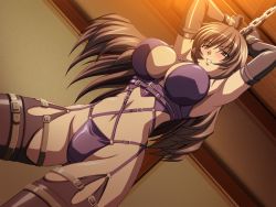 Rule 34 | 00s, 1girl, armpits, arms up, bare shoulders, bdsm, belt, blush, bondage, bound, breasts, brown hair, chain, chained, cleavage, clenched teeth, cuffs, dutch angle, elbow gloves, game cg, garter straps, gloves, grey hair, inui reona, kuro ai, kuroishi ringo, large breasts, leather, lingerie, long hair, midriff, shiny clothes, slave, solo, standing, strap, teeth, thigh strap, thighhighs, underwear, wavy hair