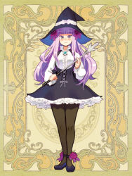 Rule 34 | 1girl, black pantyhose, blunt bangs, character request, dress, flower, full body, hair flower, hair ornament, hat, holding, legs together, long sleeves, looking at viewer, mary janes, pantyhose, petticoat, psychic hearts, purple eyes, purple hair, ryoji (nomura ryouji), shoes, short dress, skirt, smile, solo, underbust, wand, witch hat