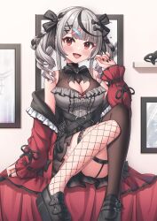 Rule 34 | 1girl, absurdres, bandaid, bandaid hair ornament, breasts, cleavage, cleavage cutout, clothing cutout, grey hair, hair ornament, highres, hololive, large breasts, looking at viewer, medium breasts, multicolored hair, official alternate costume, open mouth, red eyes, sakamata chloe, sakamata chloe (jirai kei), short twintails, smile, solo, streaked hair, twintails, virtual youtuber, yue zi