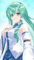 Rule 34 | 1girl, :&gt;, arm belt, armpits, bare shoulders, blue background, blue eyes, blue skirt, blush, breasts, clenched hand, closed mouth, collared shirt, detached sleeves, frog hair ornament, green hair, hair ornament, hair tubes, highres, kochiya sanae, light blush, long hair, namagaki-san, shirt, single hair tube, single sidelock, skirt, smile, snake hair ornament, solo, touhou