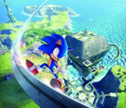 Rule 34 | 1boy, 3d, animal ears, box art, furry, furry male, gloves, grass, green eyes, male focus, no humans, ocean, official art, outstretched arm, railing, red footwear, ruins, scenery, sega, shoes, smile, sneakers, solo, sonic (series), sonic frontiers, sonic the hedgehog, sparks, teeth, white gloves
