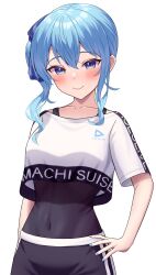 Rule 34 | 1girl, absurdres, black leotard, black pants, blue eyes, blue hair, blue nails, blush, breasts, character name, copyright name, covered navel, crop top, crop top overhang, hand on own hip, highres, hololive, hololive dance practice uniform, hoshimachi suisei, kumoru (kumoru 145), leotard, long hair, looking at viewer, nail polish, official alternate costume, pants, side ponytail, sidelocks, small breasts, solo, star (symbol), star in eye, symbol in eye, virtual youtuber, white background, yoga pants