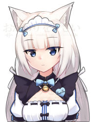 Rule 34 | 10s, 1girl, animal ears, artist name, bell, blue bow, blue bowtie, blue eyes, blunt bangs, bow, bowtie, cat ears, cleavage cutout, clothing cutout, commentary, cowfee, hair ribbon, jingle bell, light smile, long hair, looking at viewer, low twintails, maid, maid headdress, name tag, nekopara, puffy short sleeves, puffy sleeves, ribbon, short sleeves, simple background, slit pupils, solo, twintails, upper body, vanilla (nekopara), watermark, white background, white hair