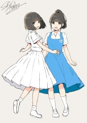 Rule 34 | 2girls, :d, badge, black hair, blue dress, blunt bangs, commentary, dress, grey background, highres, looking at viewer, multiple girls, open mouth, partially colored, pinafore dress, pleated skirt, ponytail, shirt, shoes, short hair, short sleeves, signature, simple background, skirt, sky-freedom, sleeveless dress, smile, socks, white footwear, white shirt, white socks