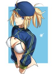 Rule 34 | 1girl, artoria pendragon (fate), baseball cap, bikini, bikini top only, blonde hair, blue background, blue eyes, blue hat, chietori, closed mouth, cropped torso, fate/grand order, fate (series), hair between eyes, hat, highres, long hair, long sleeves, looking at viewer, mysterious heroine x (fate), mysterious heroine xx (fate), ponytail, shrug (clothing), solo, swimsuit, white background, white bikini