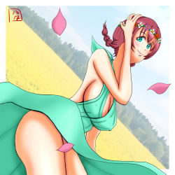 Rule 34 | 10s, 1girl, aqua dress, aqua eyes, aqua skirt, bare legs, bare shoulders, blue eyes, blue sky, blush, braid, breasts, brown hair, cleavage, closed mouth, cloud, convenient censoring, covered erect nipples, day, dress, emma verde, female focus, flower wreath, freckles, hair between eyes, hand on head, head wreath, highres, large breasts, long hair, looking at viewer, love live!, love live! nijigasaki high school idol club, no panties, outdoors, parted lips, petal censor, petals, pink petals, red hair, short hair, signature, skirt, sky, smile, solo, standing, tree, twin braids, twintails, zero mozzarella