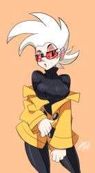 Rule 34 | 1girl, bigdead, breasts, cowboy shot, female focus, highres, lips, mature female, my life as a teenage robot, nora wakeman, red-framed eyewear, simple background, solo, standing, sunglasses, sweater, white hair