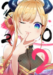 Rule 34 | 1girl, 2022, absurdres, bare shoulders, blonde hair, blue eyes, braid, cleavage, commentary request, covered collarbone, demon horns, finger to mouth, fishnets, flower, grin, hair bun, hair flower, hair ornament, hand up, highres, hilamaru, hololive, horns, japanese clothes, kimono, long hair, looking at viewer, o-ring, off shoulder, one eye closed, parted lips, pink kimono, pointy ears, purple kimono, red flower, see-through, see-through cleavage, single hair bun, smile, solo, upper body, virtual youtuber, white background, yuzuki choco, yuzuki choco (new year)