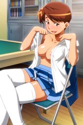 Rule 34 | 1girl, blue skirt, blush, breasts, brown eyes, brown hair, collared shirt, crossed legs, dark-skinned female, dark skin, feet out of frame, large breasts, miniskirt, nipples, no bra, non-web source, official art, on chair, open clothes, open mouth, open shirt, photoshop (medium), pleated skirt, shirt, short hair, short sleeves, sitting, skirt, solo, striped clothes, striped skirt, super real mahjong, tanaka ryou, thighhighs, toono mizuki, undressing, white shirt, white thighhighs