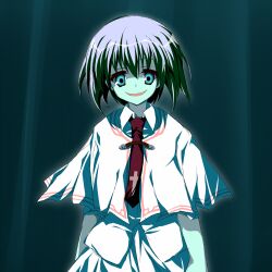 Rule 34 | 1girl, arms at sides, asagi nanami, capelet, collared shirt, colored skin, commentary request, crazy eyes, crazy smile, cross print, eyebrows hidden by hair, glowing, green background, green eyes, green skin, hair between eyes, highres, looking at viewer, necktie, open mouth, otonashi ayana, pink hair, red necktie, school uniform, shirt, short hair, simple background, smile, solo, standing, straight-on, subarashiki hibi, upper body, white capelet, white shirt