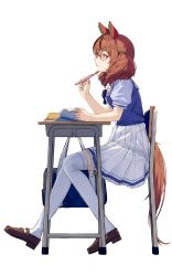 Rule 34 | 1girl, alenka, animal ears, bag, bespectacled, blue shirt, breasts, brown footwear, brown hair, chair, desk, ear covers, full body, glasses, highres, holding, holding pencil, horse ears, horse girl, horse tail, looking afar, mechanical pencil, medium breasts, medium hair, multicolored hair, nice nature (umamusume), notebook, parted lips, pencil, pencil case, pleated skirt, puffy short sleeves, puffy sleeves, sailor collar, school bag, school chair, school desk, school uniform, shirt, shoes, short sleeves, sideways mouth, simple background, sitting, skirt, solo, streaked hair, table, tail, thighhighs, tracen school uniform, twintails, umamusume, white background, white skirt, white thighhighs, yellow eyes
