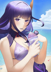 Rule 34 | 1girl, absurdres, bare shoulders, beach, bikini, blush, breasts, cleavage, commentary, commentary request, cup, english commentary, food, genshin impact, hair ornament, highres, holding, holding cup, holding spoon, large breasts, long hair, looking at viewer, mixed-language commentary, mole, mole under eye, purple eyes, purple hair, qinguo, raiden shogun, ribbon, shaved ice, solo, sparkle, spoon, starfish, swimsuit, utensil in mouth, water