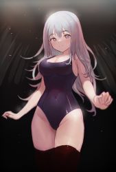 Rule 34 | 1girl, bare arms, bare shoulders, black one-piece swimsuit, black thighhighs, breasts, cleavage, covered navel, cowboy shot, gradient background, grey eyes, groin, highleg, highleg swimsuit, large breasts, long hair, looking at viewer, moth1, one-piece swimsuit, original, silver hair, smile, solo, standing, swimsuit, thighhighs, thighs
