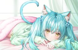 Rule 34 | 1girl, animal ear fluff, animal ears, bad id, bad pixiv id, bed, blue flower, blue hair, bow, brown hair, cat ears, cat girl, cat tail, closed mouth, curtains, flower, green shirt, green shorts, hair between eyes, hair flower, hair ornament, indoors, long hair, long sleeves, looking at viewer, lying, murano, on stomach, original, shirt, short shorts, shorts, sleeves past wrists, snowflake hair ornament, solo, tail, two side up, under covers, window, yellow bow