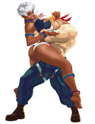 Rule 34 | 1boy, 1girl, alex (street fighter), anklet, armlet, ass, bearhug, between breasts, bikini, blonde hair, blue eyes, boots, bracelet, breasts, capcom, cleavage, dark-skinned female, dark skin, elena (street fighter), fingerless gloves, gloves, head between breasts, heavy breathing, jewelry, johnrokk, large breasts, long hair, muscular, neck ring, one eye closed, overalls, ryona, short hair, soles, street fighter, street fighter iii (series), sweat, swimsuit, thick thighs, thighs, tongue, tongue out, topless male, torogao, white hair, wink