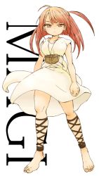 Rule 34 | 1girl, ankle lace-up, barefoot, cross-laced footwear, dress, feet, full body, magi the labyrinth of magic, morgiana, red eyes, red hair, side ponytail, solo, standing, t9634