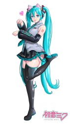 Rule 34 | 1girl, animal ears, aqua hair, blue eyes, boots, character name, detached sleeves, full body, hatsune miku, headphones, heart, highres, kirei kotoba, long hair, looking at viewer, nail polish, necktie, number tattoo, panties, paw pose, simple background, skirt, solo, standing, standing on one leg, tattoo, thigh boots, thighhighs, twintails, underwear, very long hair, vocaloid, white background