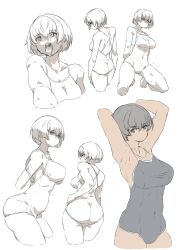 Rule 34 | 1girl, arms up, ass, from behind, highres, kei (m k), kneeling, m k, multiple views, one-piece swimsuit, original, school swimsuit, short hair, sketch, standing, swimsuit, tongue, tongue out