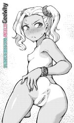 Rule 34 | 1girl, absurdres, anus, ass, ass grab, blush, breasts, cowboy shot, freckles, from behind, frown, geewhy, grabbing own ass, greyscale, hair ornament, hair scrunchie, highres, monochrome, one-piece tan, oshiete! galko-chan, presenting, pussy, scrunchie, small breasts, solo, spread ass, subscribestar username, swimsuit, tan, tanline, thigh gap, tsunno (oshiete! galko-chan), twintails