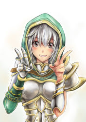 Rule 34 | 1girl, armor, blush, breasts, double v, erementa, eyelashes, fingernails, gloves, green eyes, grin, hair between eyes, hood, league of legends, lips, looking at viewer, medium breasts, multicolored eyes, nail polish, red eyes, redeemed riven, riven (league of legends), short hair, silver hair, single glove, smile, solo, v, white background